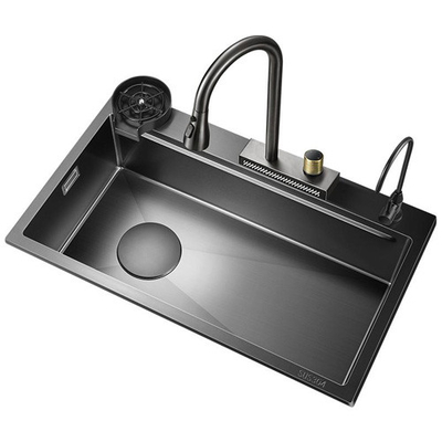 2024 Stainless Steel Sink z 2 kluczami pianinowymi Led Waterfall Faucet Duży jeden otwór Bionic Honeycomb Black Wash Ba